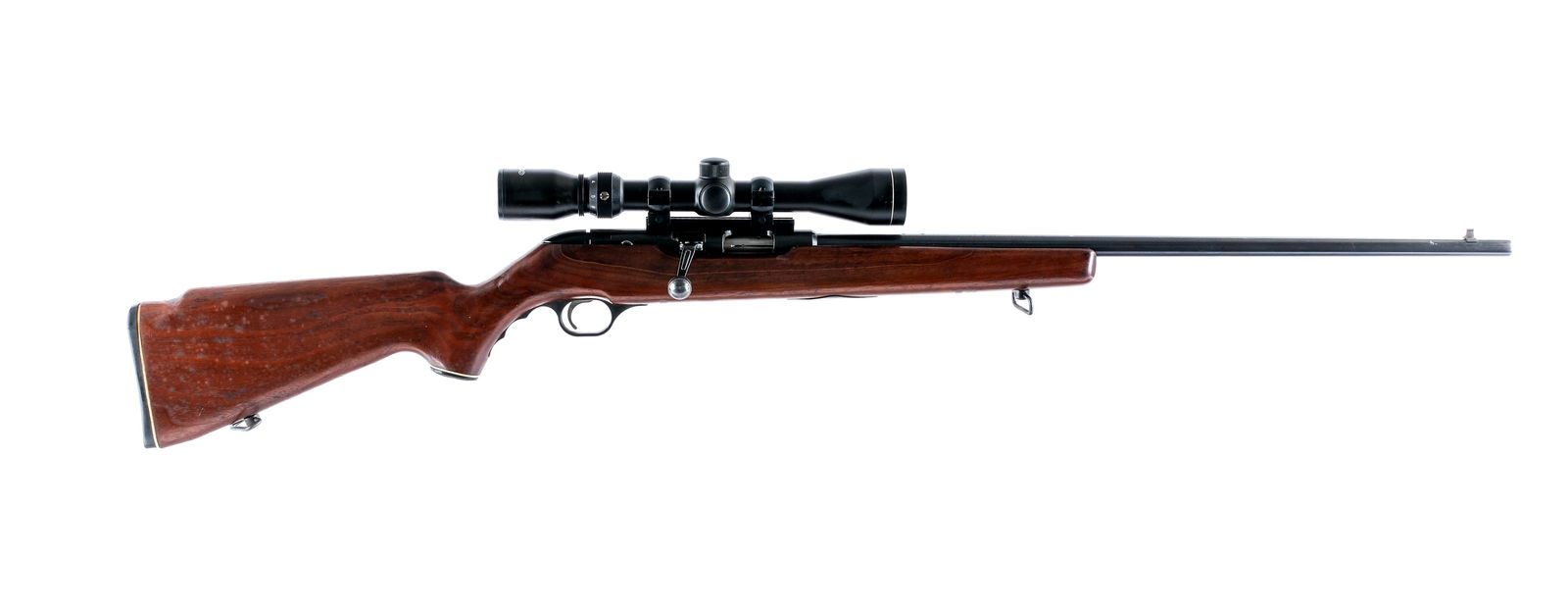 Mossberg 620K Chuckster .22 WMR Bolt Action Rifle: Description Mossberg 620-K Chuckster in .22 Winchester Magnum Rimfire (.22 Mag) with a single round capacity and a 24" barrel. Checkered composite butt plate. Smooth Monte Carlo style wood stock and f