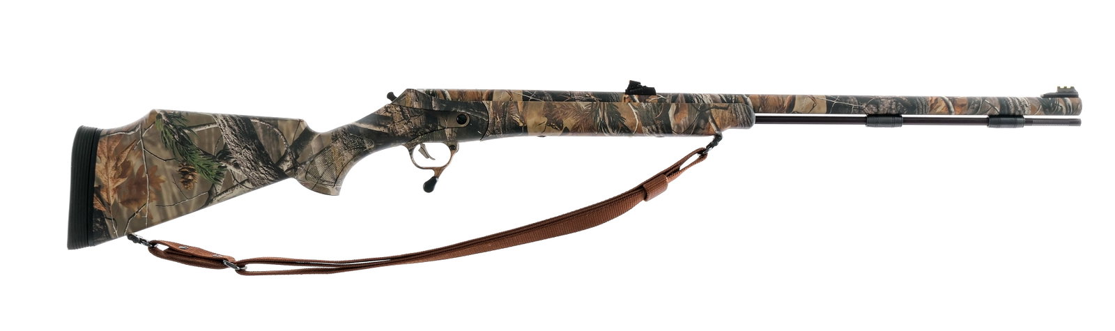 Thompson Center Triumph .50 BP Rifle: Description Thompson Center Triumph in .50 caliber with a single round capacity and a 27.5" barrel. Rubber butt pad. AP HD camo print composite butt stock and front forend. Trigger guard with barrel t