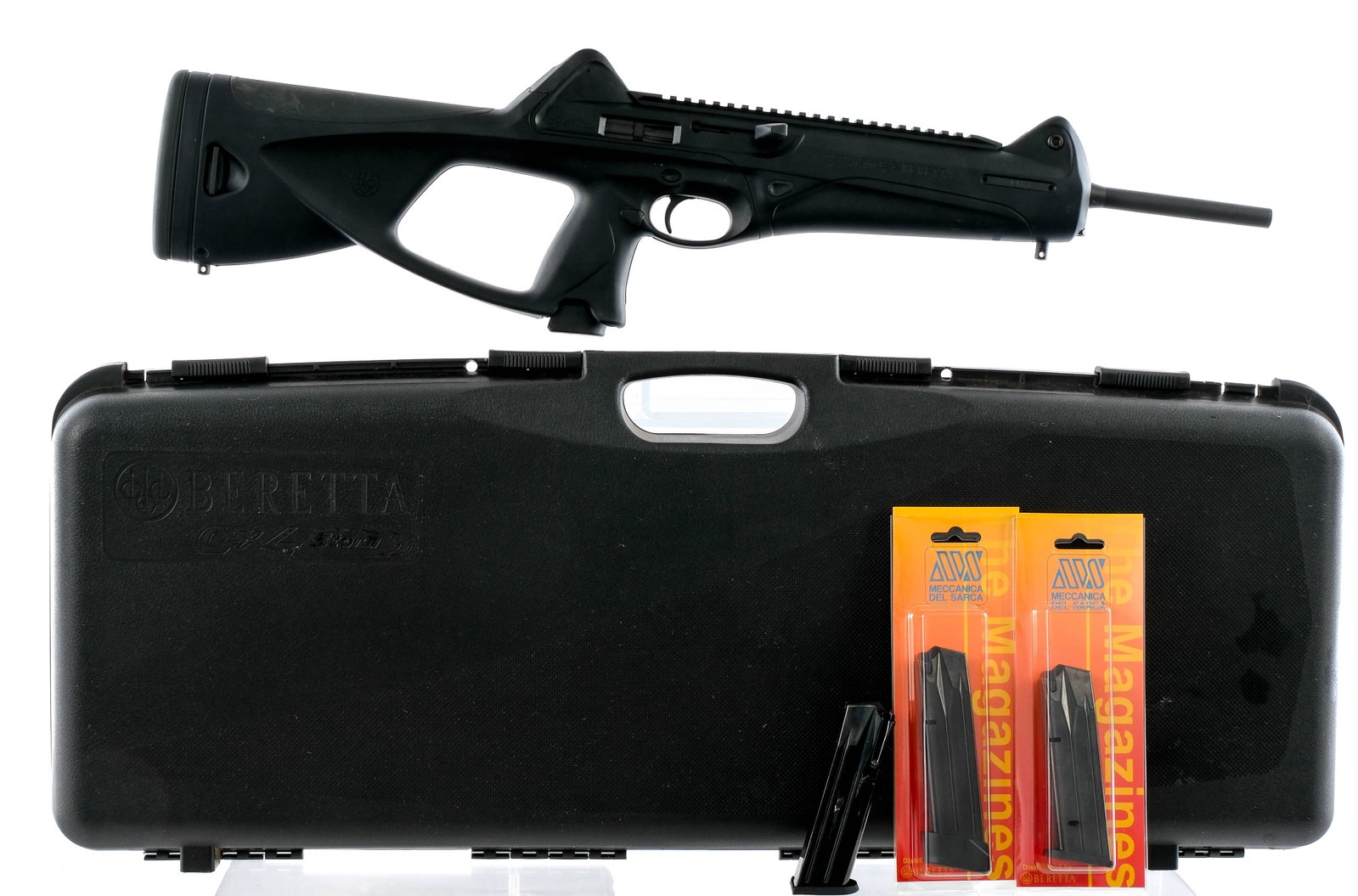 Beretta CX4 Storm 9mm Semi Auto Rifle: Description Beretta CX4 Storm in 9mm with three, seventeen round removable magazines and a 16.5" barrel. Rubber butt pad. Composite pistol grip stock and front forend. Composite trigger and frame. Blu
