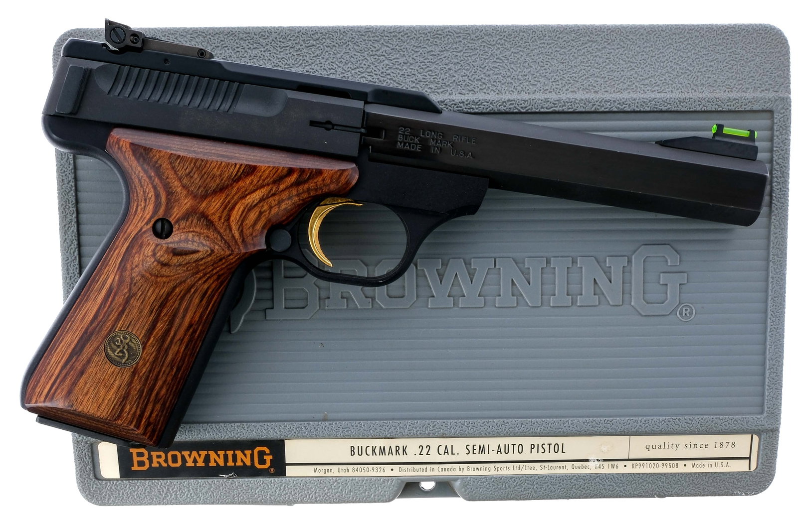 Browning Buck Mark .22 LR Semi Auto Pistol: Description Browning Buck Mark chambered in .22 long rifle with one, ten round removable magazine and a 5.5" bull barrel. Manufactured in 1992 with serial number 515NY21550. Matte finished alloy frame