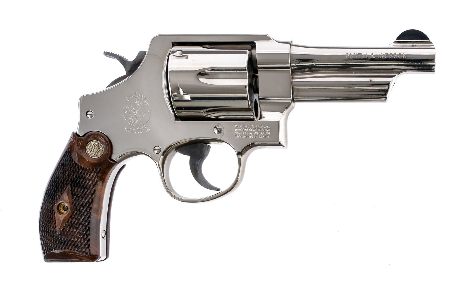 Smith & Wesson 21-4 Nickel .44 SPL Revolver: Description Smith & Wesson 21-4 chambered in .44 Special with a six-shot cylinder and a 4" barrel. Nickel finished barrel, frame, fluted cylinder, and checkered cylinder release. Case colored double a