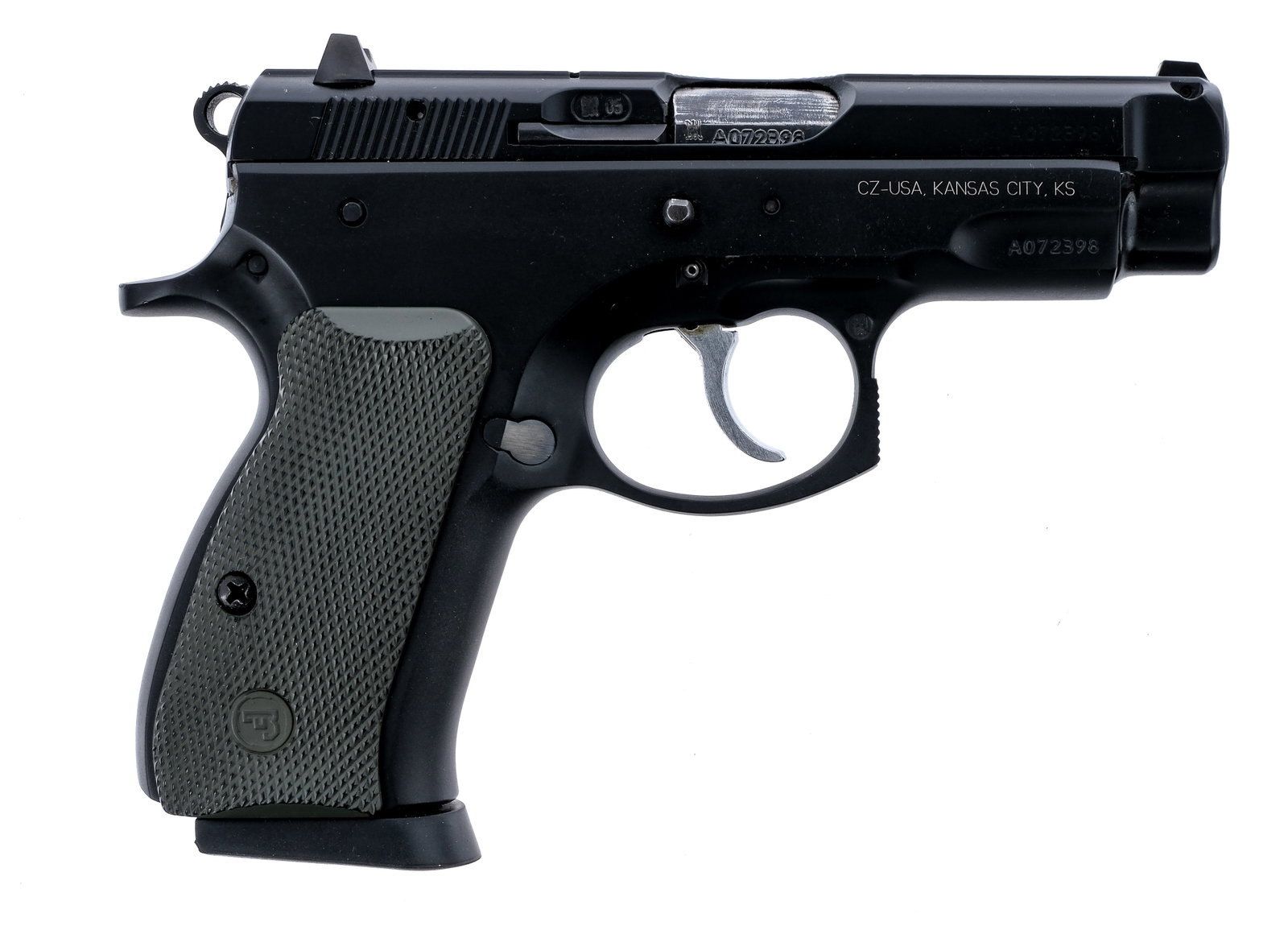 CZ 75 Compact 9mm Semi Auto Pistol: Description CZ 75 Compact chambered in 9mm with one, fourteen round removable magazine and a 3 3/4" barrel. Black finished alloy frame with checkered green CZ grips. Serrated push button magazine rele
