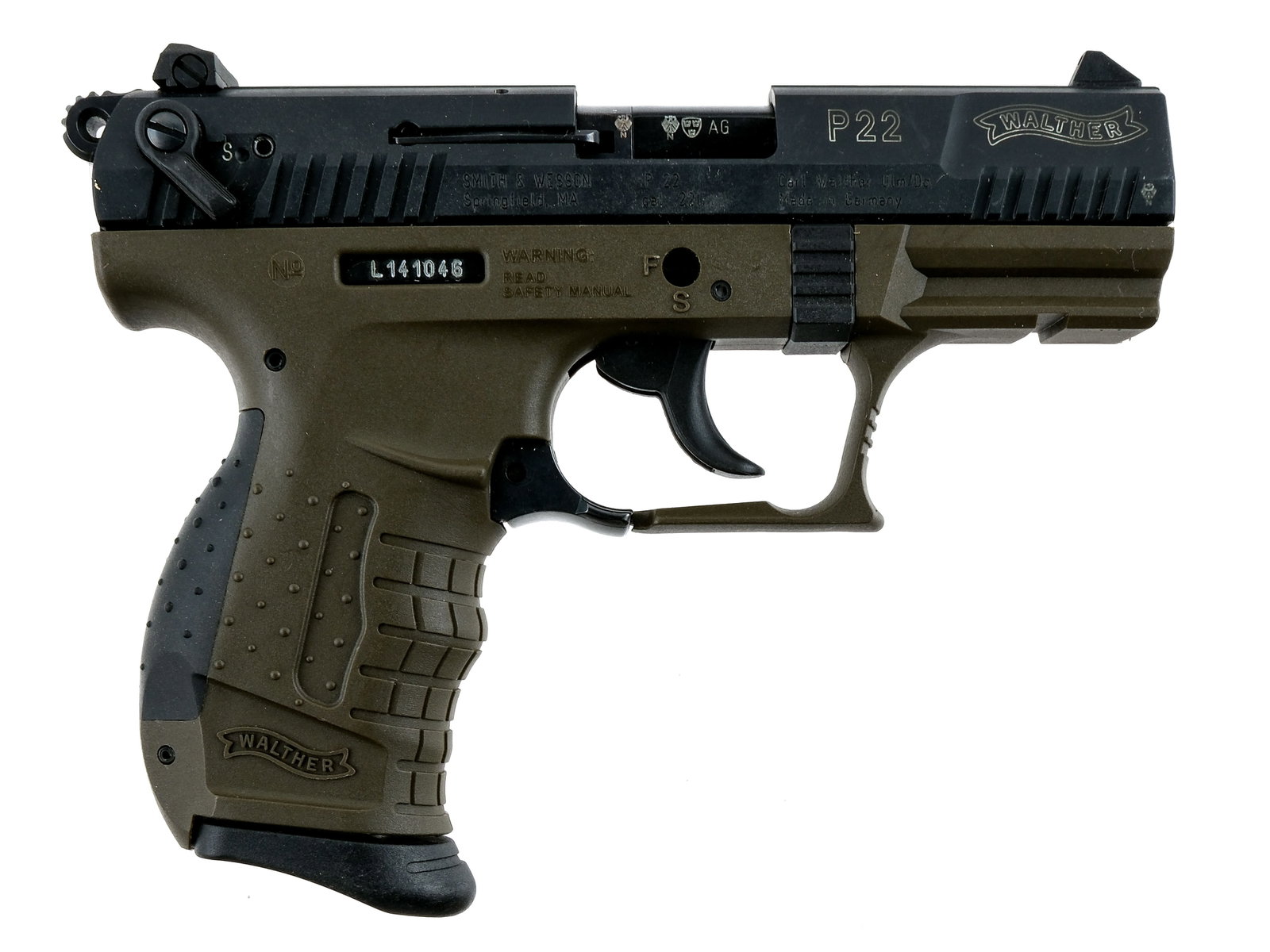 Walther P22 .22 LR Semi Auto Pistol: Description Walther P22 chambered in .22 long rifle with one, ten round removable magazines and a 3.42" barrel. Green polymer frame with fully textured grips including the interchangeable backstrap. A