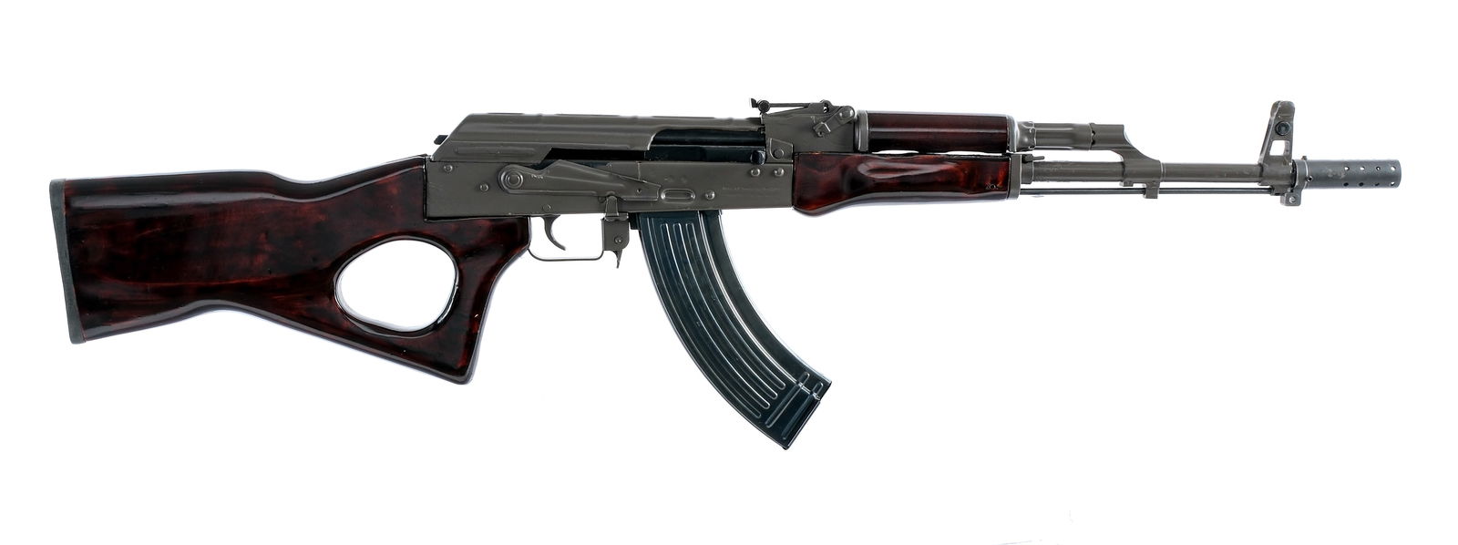 Maadi MISR S/A AKM 7.62x39mm Semi Auto Rifle: Description Egyptian Maadi MISR S/A AKM chambered in 7.62x39mm with one, thirty round removable magazine and a 19" barrel including the pinned muzzle break. Manufactured in Egypt and imported by Centu