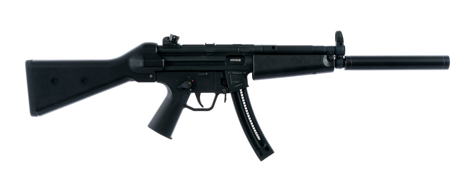 German Sport Guns GSG-5 .22 LR Semi Auto Rifle: Description German Sport Guns GSG-5 chambered in .22 long rifle with two, twenty-two round removable magazines and a 16" barrel with a faux suppressor. Black polymer wide front handguard. Knurled cock