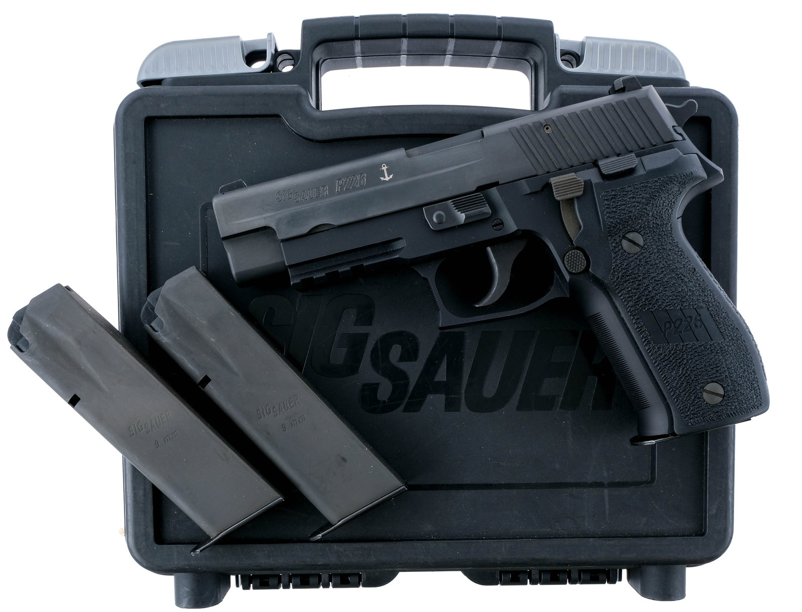 Sig P226 MK 25 Navy Seal 9mm Semi Auto Pistol: Description Sig Sauer P226 MK 25 Navy Version chambered in 9mm with three, fifteen round removable magazines and a 4.4" barrel. Black finished anodized aluminum frame with textured polymer grips and p