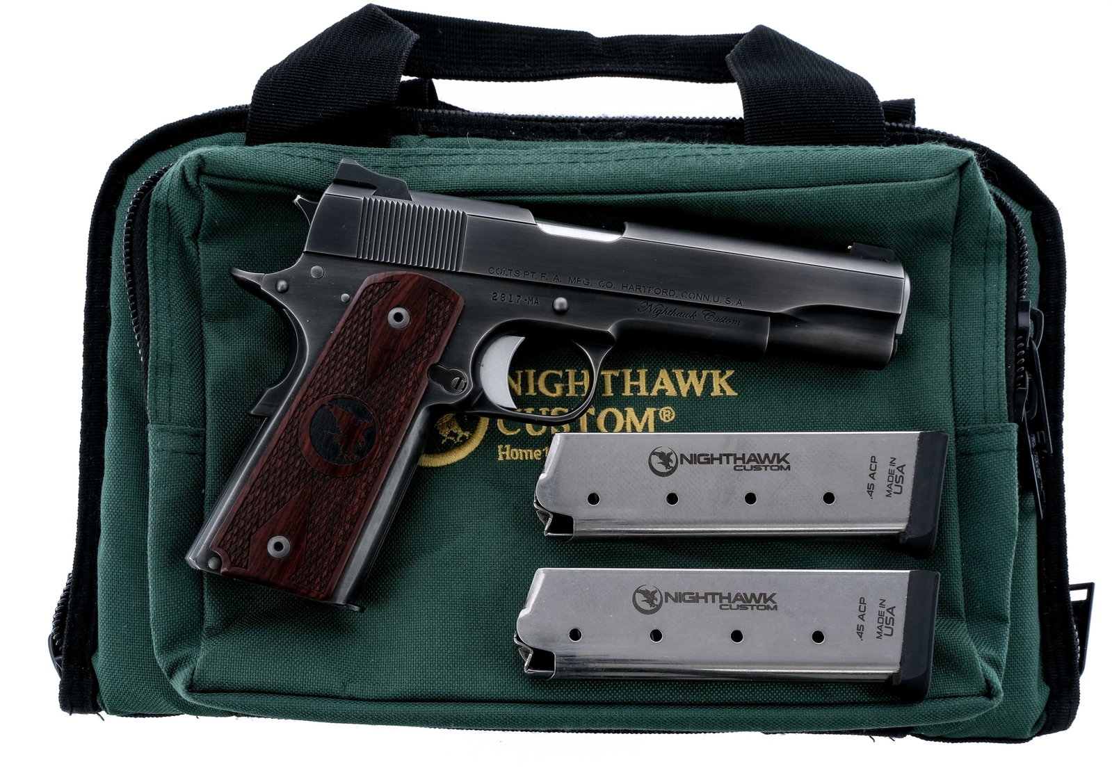 Nighthawk Customs Colt Govt 1911 .45 ACP Pistol: Description Nighthawk Customs Colt 1911 Government chambered in .45 ACP with five magazines and a 5" NHC national match barrel. Two of the mags are Nighthawk made, and the other three are Colt made. S