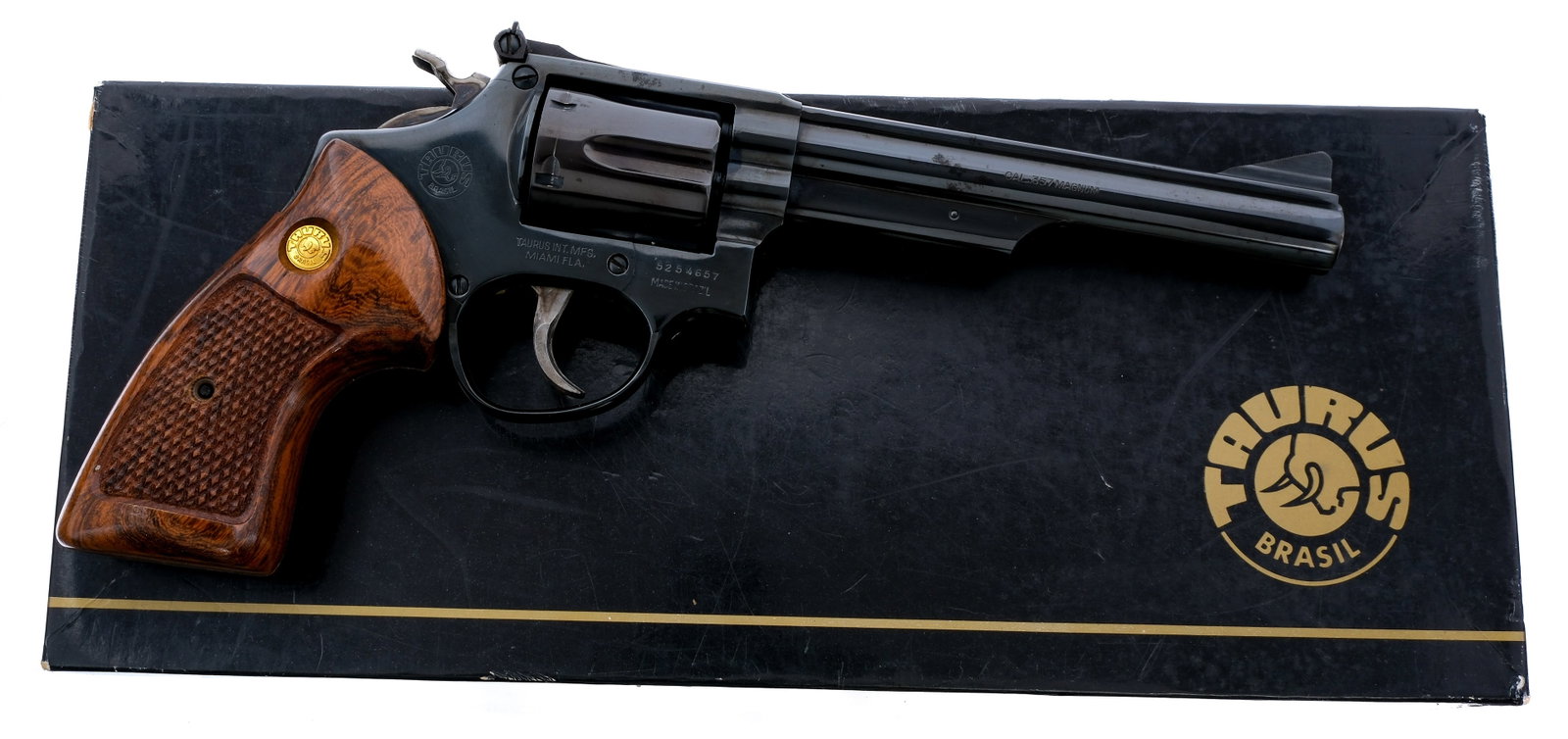 Taurus Model 66 357 Magnum Revolver: Description Taurus Model 66 chambered in .357 Magnum with a six-shot cylinder and a 6" barrel. Blued barrel, frame, fluted cylinder, and checkered cylinder release. Case colored double action trigger 