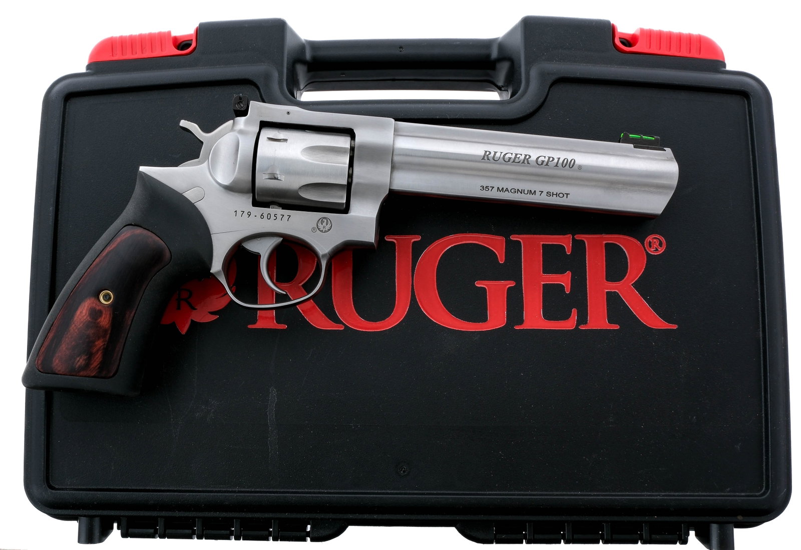 Ruger GP-100 7 Shot .357 Mag Revolver: Description Ruger GP-100 chambered in .357 Magnum with a seven-shot cylinder and a 6" barrel. Manufactured in 2022 with serial number 179-60577. Stainless steel barrel, frame, fluted cylinder, and cyl