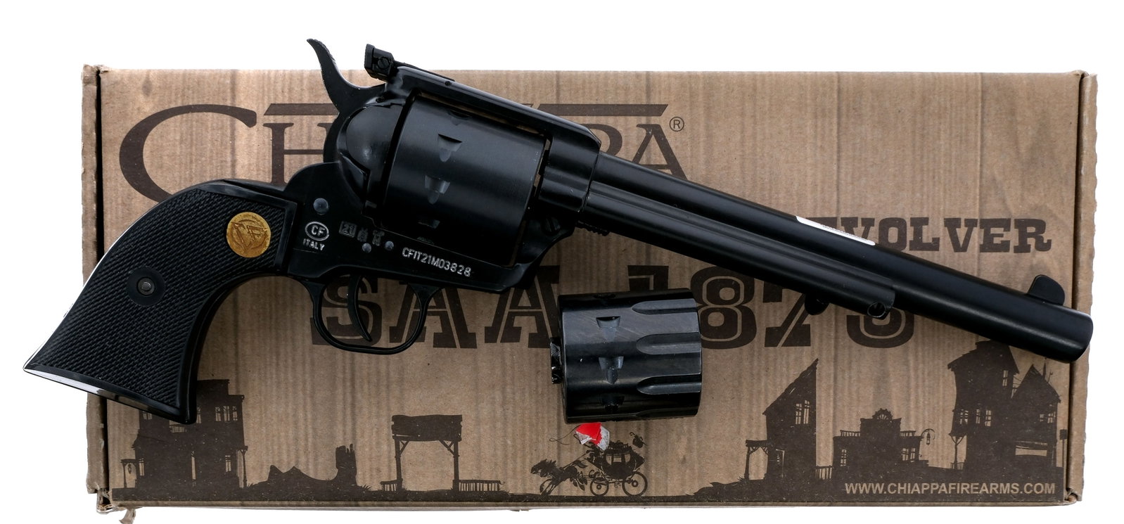 Chiappa 1873 SAA 22-10 Target .22 LR/MAG Revolver: Description Chiappa 1873 SAA 22-10 Target chambered in .22 caliber with two, ten round cylinders and a 7.5" barrel. Cylinder is chambered for .22 long rifle and the other is chambered in .22 magnum. B