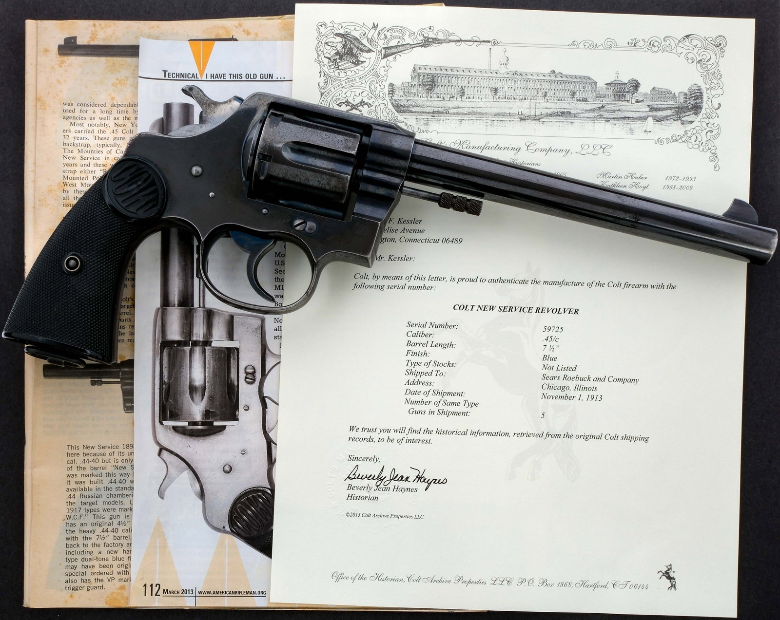 1913 Colt New Service .45 Colt Revolver W/Letter: Description Colt New Service Revolver chambered in .45 Colt with a six-shot cylinder and a 7.5" barrel. Manufactured in 1913 with serial number 59725. Blued barrel, frame with lanyard loop, fluted cyl