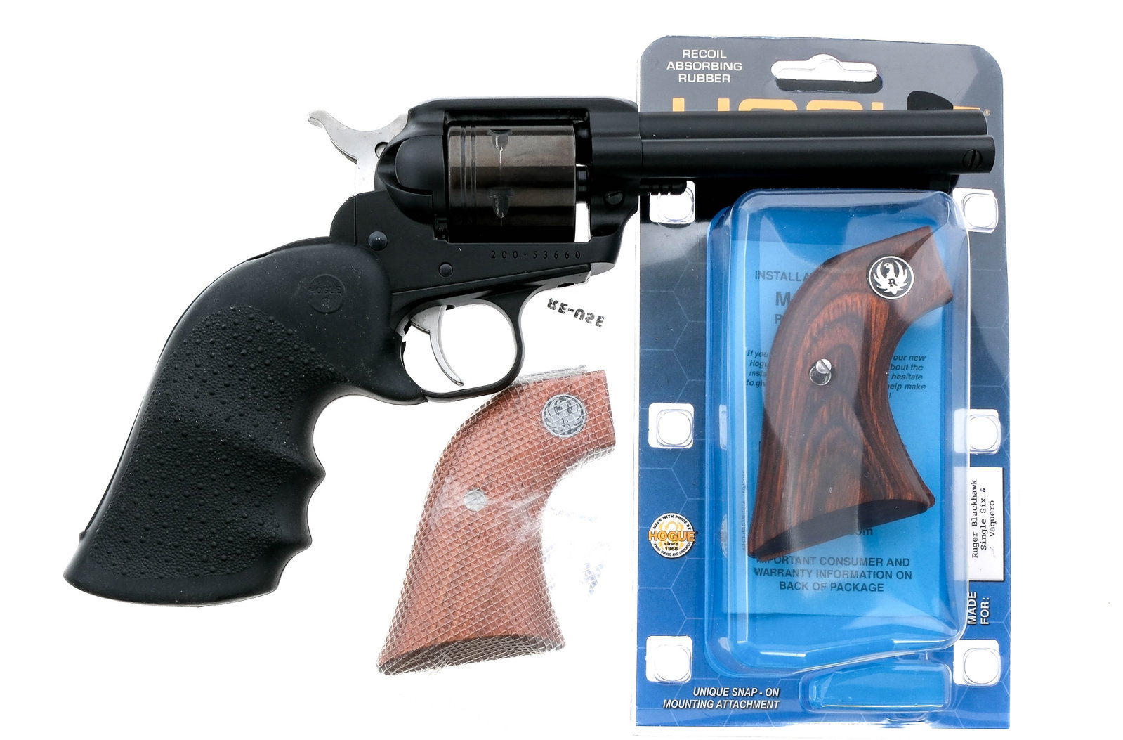 Ruger Wrangler .22 LR Single Action Revolver: Description Ruger Wrangler chambered in .22 long rifle with a six-shot cylinder and a 4.5" barrel. Manufactured in 2019 with serial number 200-53660. Matte finished steel barrel and aluminum alloy fra