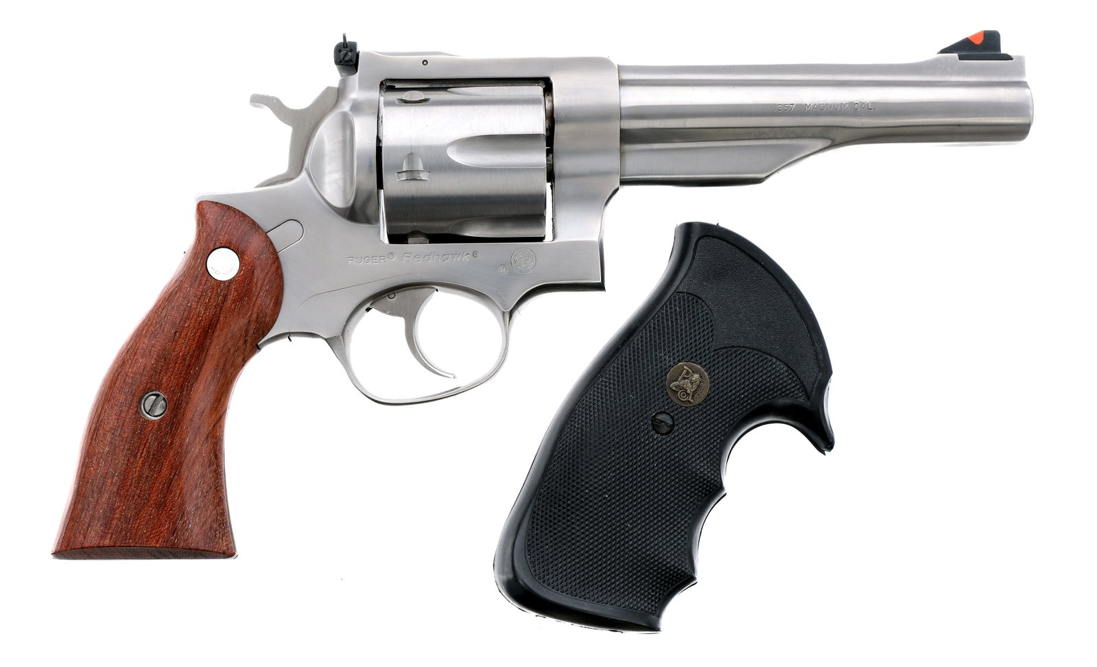 Ruger Redhawk .357 Mag Revolver: Description Ruger Redhawk in .357 Magnum with a six round capacity and a 5.5" barrel. Smooth wood grip plates. Polished stainless steel frame, trigger, checkered hammer, cylinder and barrel. Rear adju