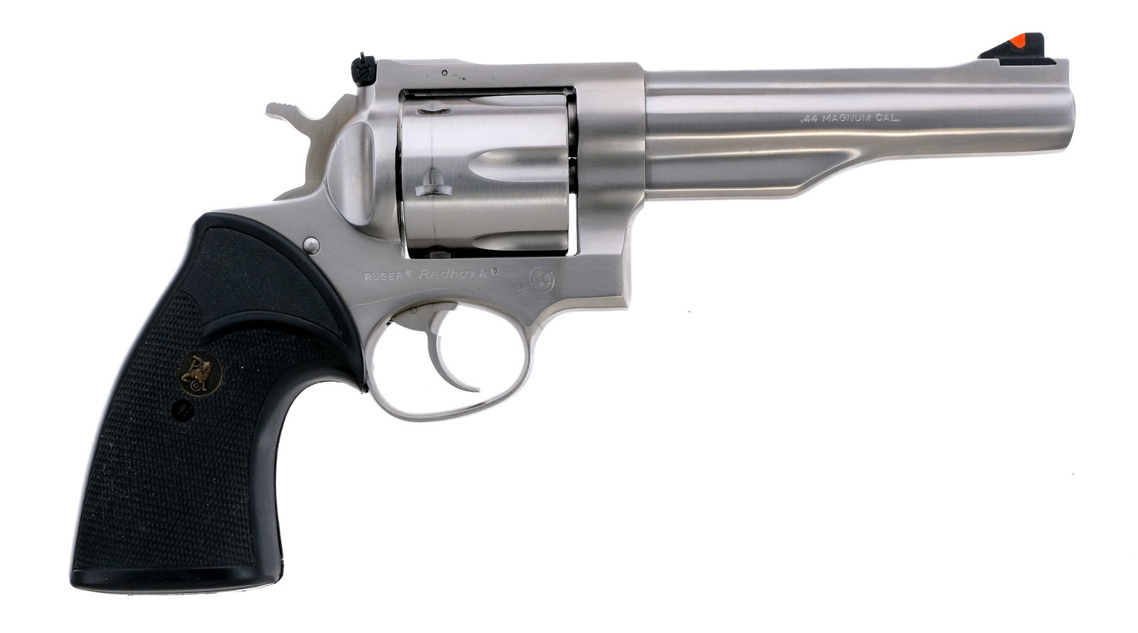 Ruger Redhawk .44 Mag Revolver: Description Ruger Redhawk in .44 Magnum with a six round capacity and a 5.5" barrel. Pachmayr black hard rubber grip plates. Polished stainless steel trigger, frame, hammer, cylinder and barrel. Left 