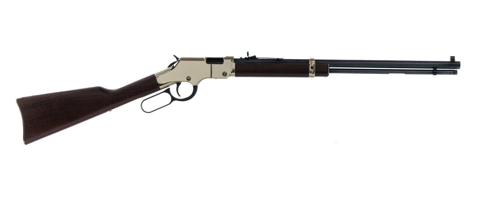 Henry Golden Boy H004M .22 Mag Lever Action Rifle: Description Henry Golden Boy H004M in .22 Magnum with a twelve round capacity and a 20.5" octagon barrel. Brass butt plate. Smooth wood stock and front forend. Blued hand lever, serrated trigger, serr