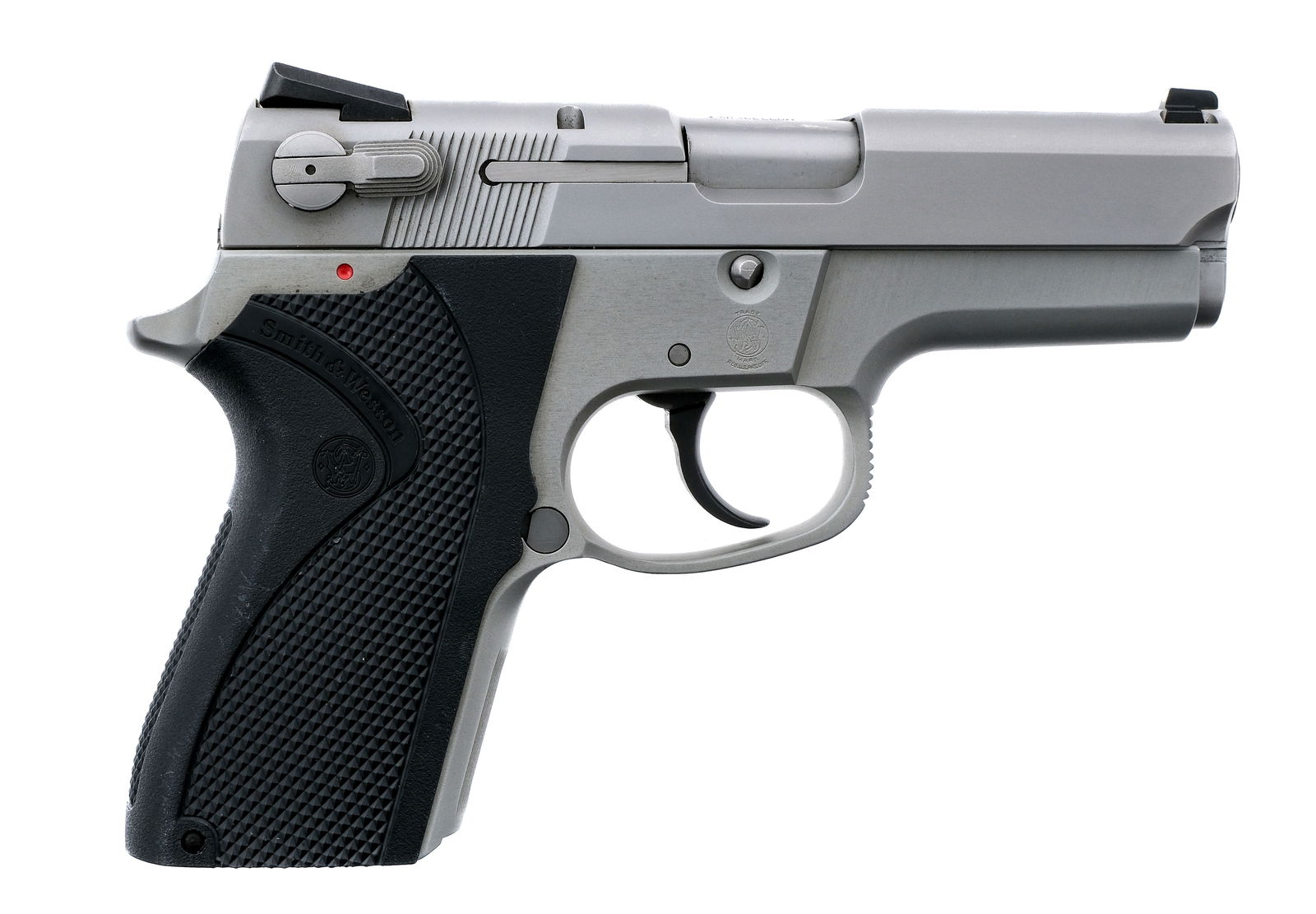 Smith & Wesson 6906 9mm Semi Auto Pistol: Description Smith & Wesson 6906 chambered in 9mm with a 3.5" barrel. Aluminum alloy frame with checkered polymer grips. Textured slide stop and magazine release. Double/single action trigger and bobbe