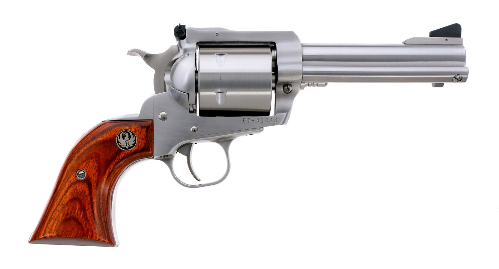 Ruger NM Super Blackhawk .44 Mag Revolver: Description Ruger New Model Super Blackhawk chambered in .44 Remington Magnum with a six-shot cylinder and a 4 3/4" barrel. Manufactured in 2009 with serial number 87-81383. Stainless steel barrel, fr