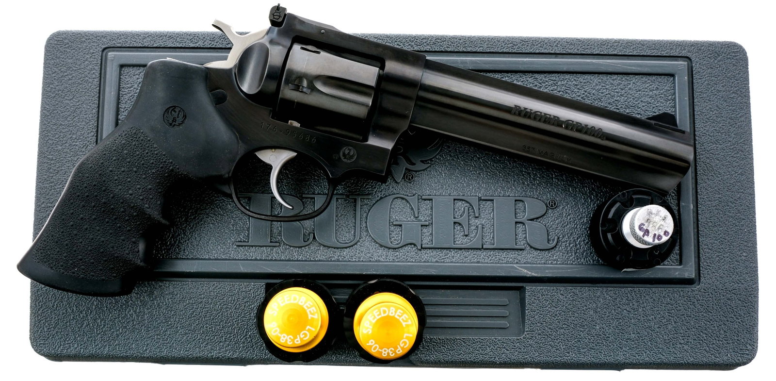 Ruger GP-100 .357 Mag Revolver: Description Ruger GP-100 chambered in .357 Magnum with a six-shot cylinder and a 6" barrel. Manufactured in 2014 with serial number 176-95686. Blued barrel, frame, fluted cylinder, and textured cylind