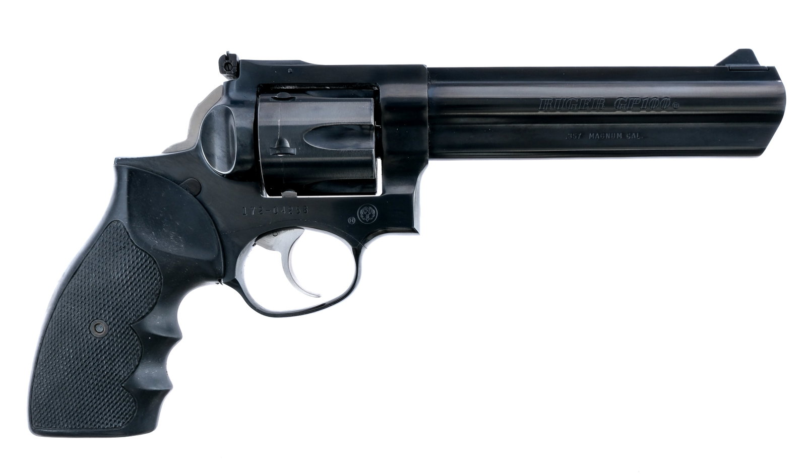 Ruger GP100 .357 Magnum Revolver: Description Ruger GP100 chambered in .357 Magnum with a six-shot cylinder and a 6" barrel. Manufactured in 1989 with serial number 172-04258. Blued barrel, frame, fluted cylinder, and cylinder release
