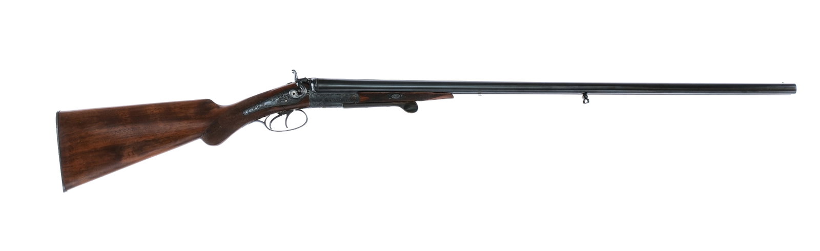 German W. Held 16Ga SxS Shotgun: Description W. Held in 16 gauge with a two round capacity and a 30.5" side by side barrel. Made in Buckeburg Germany. Engraved blued butt plate. Checkered wood stock and front forend. Engraved blued t