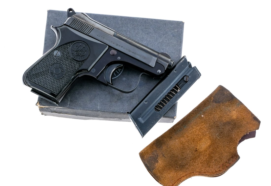 Beretta 950BS Minx .22 Short Semi Auto Pistol: Description Beretta 950BS Minx chambered in .22 short with two, six round removable magazines and a 2 3/8" barrel. Black finished alloy frame with checkered polymer grips. Single action trigger and ex