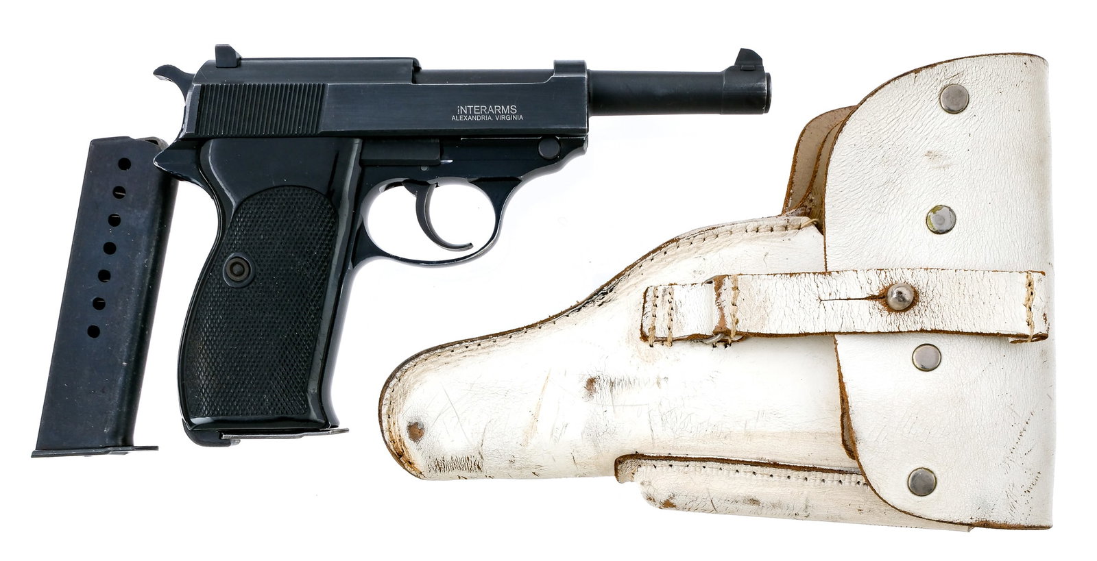 Manurhin P1/P38 9mm Semi Auto Pistol: Description French Manurhin P1 chambered in 9mm with two, eight round removable magazines and a 4.9" barrel. Manufactured in France, licensed by Walther, and imported by Interarms, marked on the right