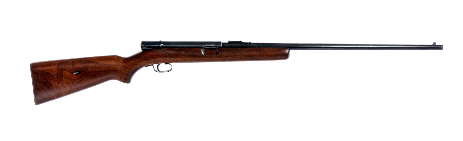 Winchester 74 .22 LR Semi Auto Rifle: Description Winchester Model 74 in .22 Long Rifle with a fourteen round capacity and a 24" barrel. Made in New Haven Connecticut. Checkered blued butt plate with magazine tube. Smooth wood stock and f