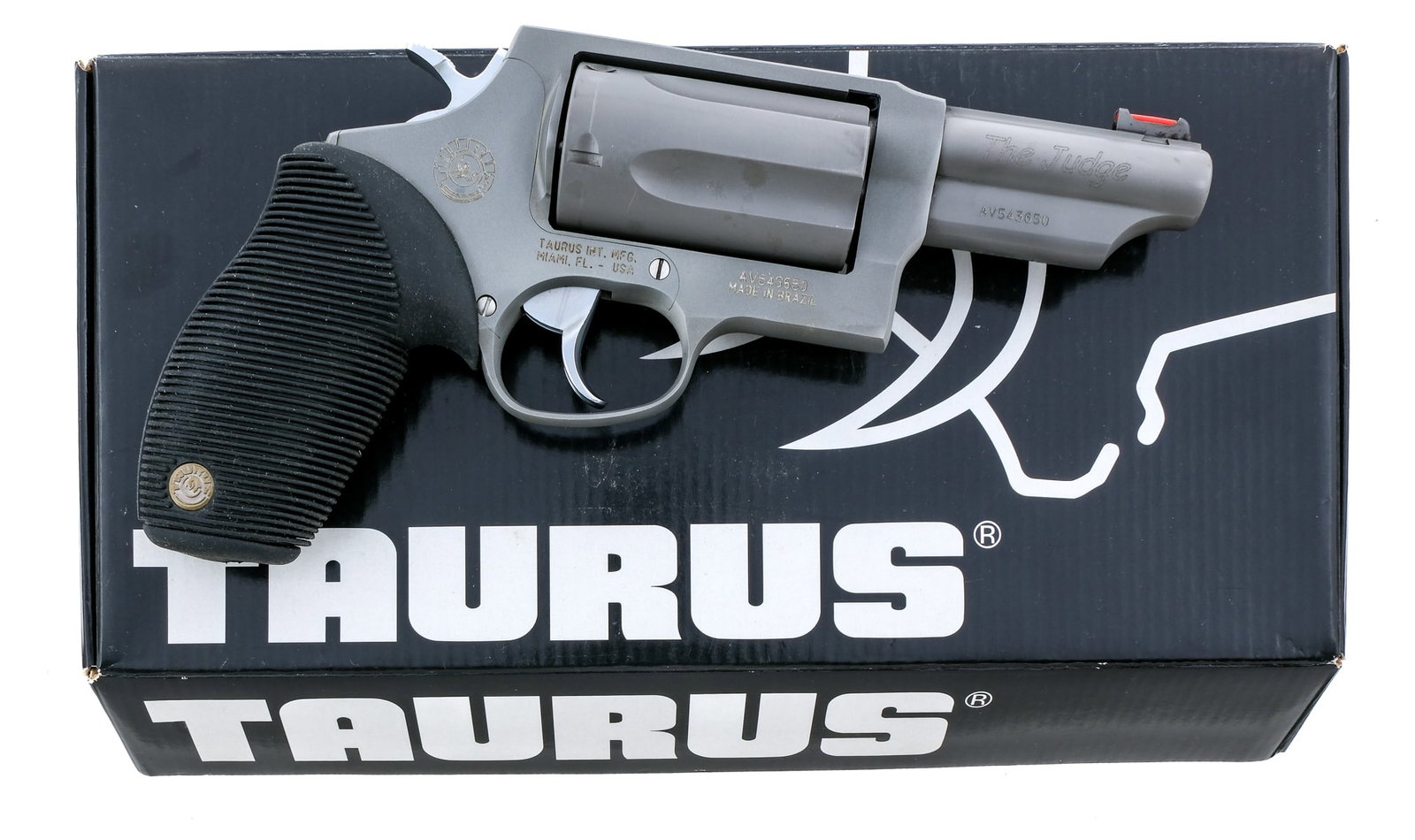 Taurus Judge Ultra-Lite .45LC/.410Ga Revolver: Description Taurus Judge Ultra-Lite in .45 Long Colt or .410 gauge shotgun shell with a five round capacity and a 3" barrel. Serrated rubber grip. Grey matte finished frame, cylinder and barrel. Silve