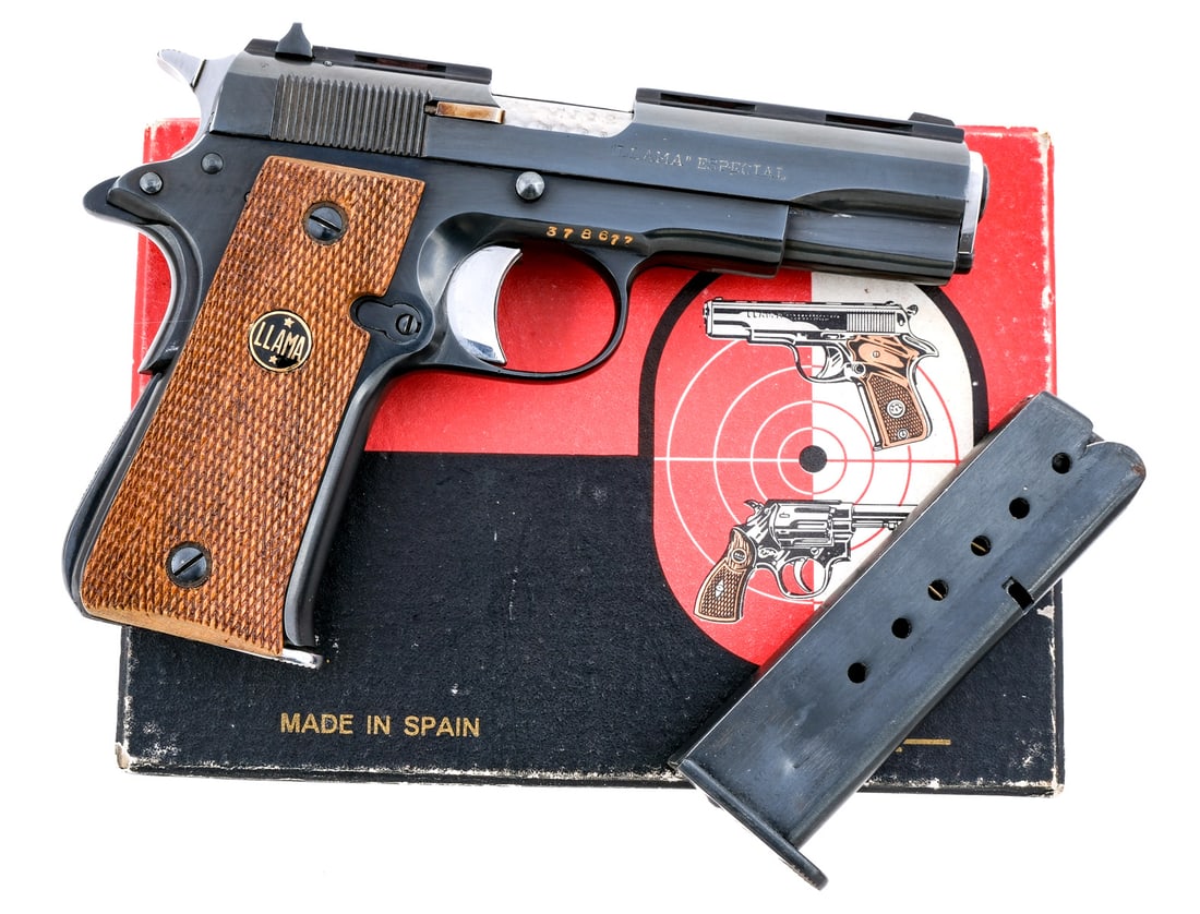 Llama Especial XV .22LR Semi Auto Pistol: Description Llama Especial XV in .22 Long Rifle with two, nine round removable magazines and a 3.75" barrel. Made in Spain. Checkered wood grip plates. Blued frame and serrated top rib vented slide. P