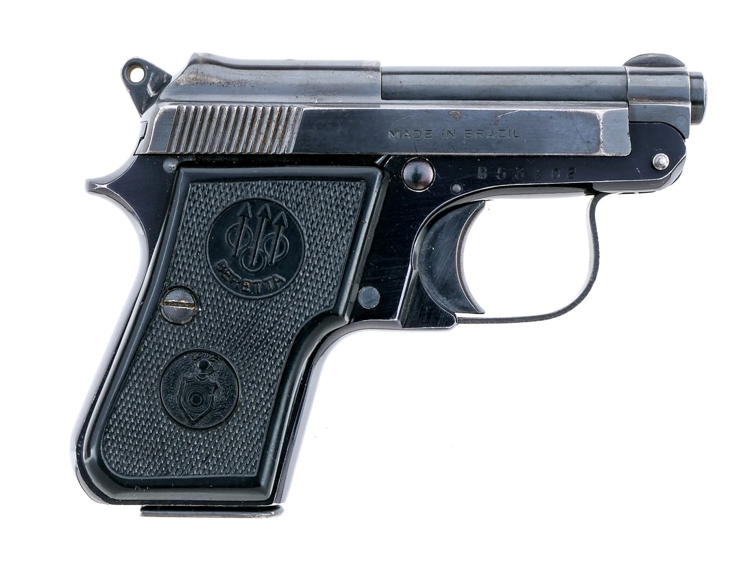 Beretta 950-B Jetfire .25 ACP Semi Auto Pistol: Description Beretta Model 950B Jetfire in 6.35mm (.25 ACP) with one, eight round removable magazine and a 2.5" barrel. Made in Brazil. Checkered black composite grip plates. Black finished frame. Blue