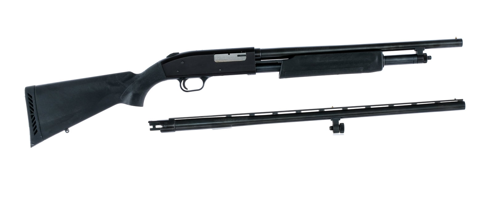 Mossberg 500C 20Ga Pump Action Shotgun: Description Mossberg Model 500C in 12 gauge 2 3/4"-3" with a five round capacity and a 18.5" CYL fixed choke barrel. Rubber butt pad. Black composite butt stock and front forend. Black composite trigg