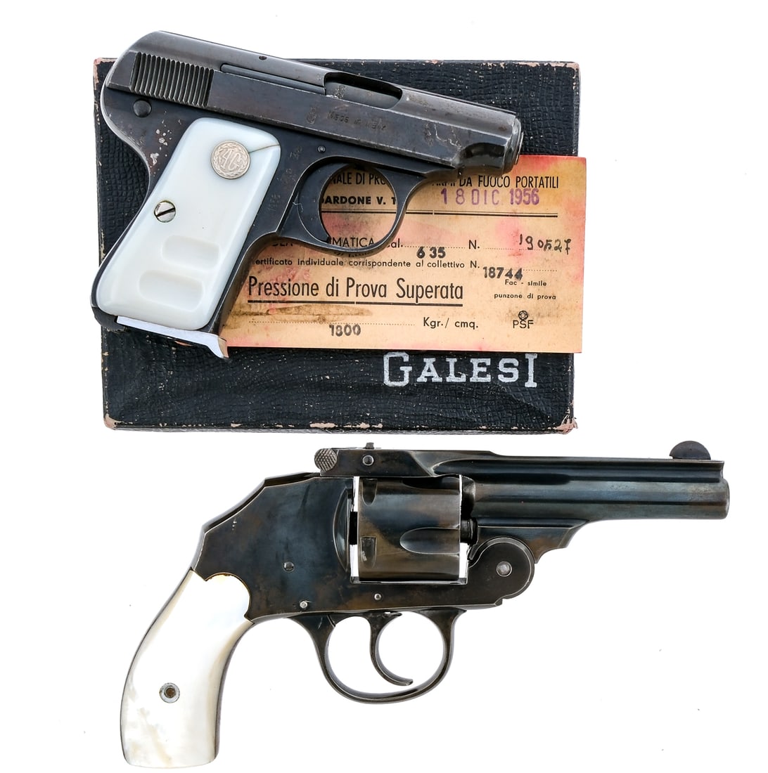 Estate Pistol Lot 2Pcs Pistols: Description Estate lot with two pistols. Armi Galesi Brescia Brevetto in .25 ACP with one, seven round removable magazine and a 2.25" barrel. Made in Italy in 1956. White composite grip plates. Blued 
