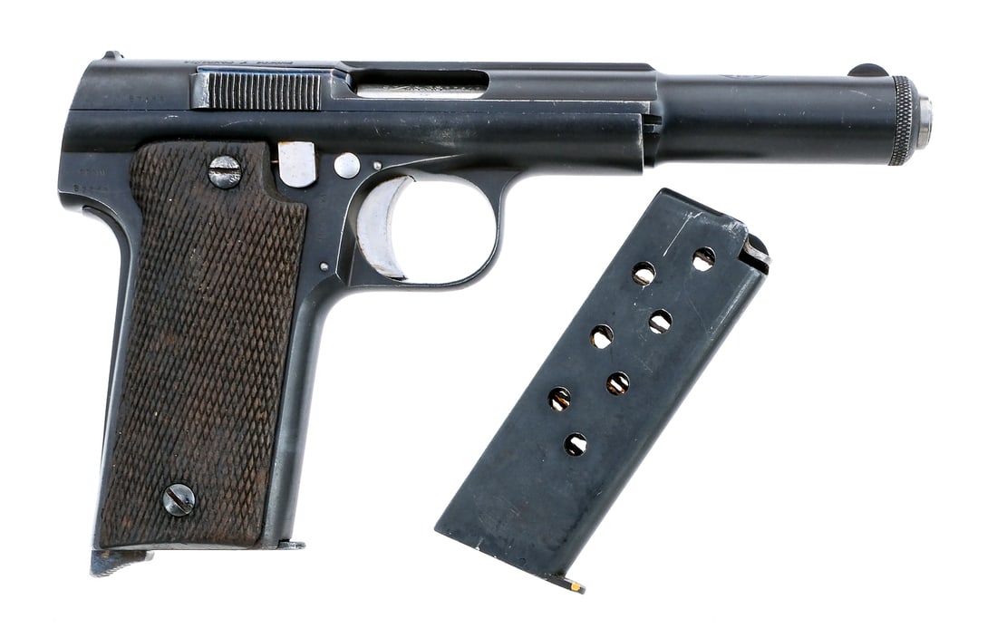Astra Model 1921 (400) 9mm Largo Semi Auto Pistol: Description Astra model 1921 (400) chambered in 9mm Largo / .38 Auto with two, eight round removable magazines and a 6" barrel. Import marked behind trigger right side of frame marked "MAC ALEX VA." B