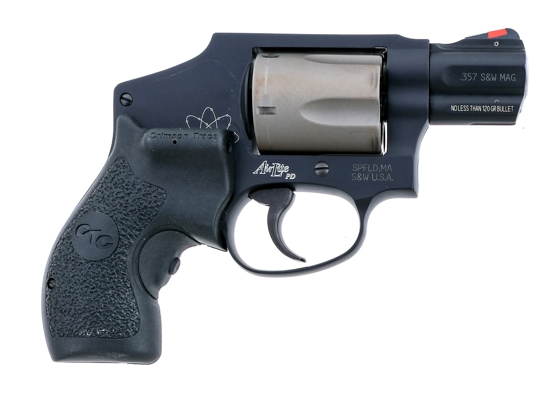 Smith & Wesson Air-Lite 340-PD .357 Mag Revolver: Description Smith & Wesson Air-Lite Model 340-PD in .357 Magnum with a five round capacity and a 2" barrel. CTC composite laser dot grip, working. Black finished alloy frame and barrel. Grey finished