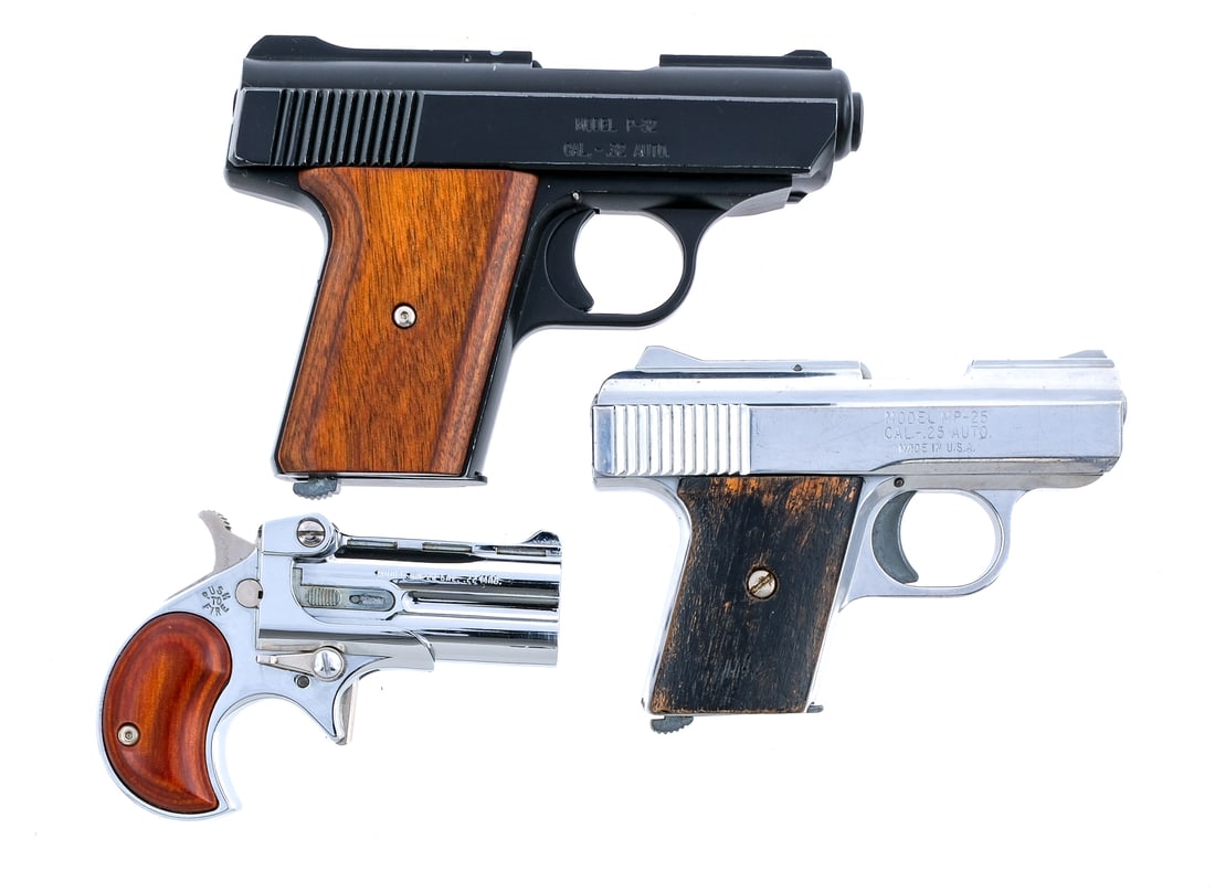 Estate Pistols 3Pcs Lot Pistol: Description Estate pistols lot with three pieces. Davis Industries P-32 in .32 ACP with one, six round removable magazine and a 3" barrel. Smooth wood grip plates. Black finished frame, trigger and sl