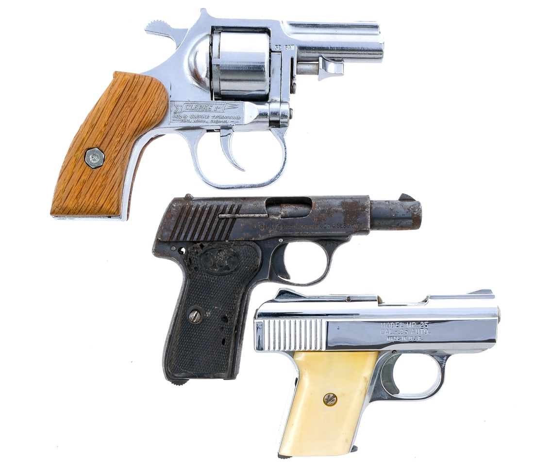 Estate Pistols Lot 3Pcs Pistol: Description Estate pistol lot with three pieces. Raven Arms MP-25 in .25 ACP with one, six round removable magazine and a 2.5" barrel. Chrome finished frame and serrated slide. Left side of frame safe