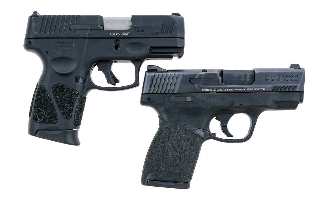 Estate Pistols 2Pcs .45 ACP/9mm Semi Auto Pistol: Description Estate pistol lot with two pieces. Smith & Wesson M&P 45 Shield in .45 ACP with one, seven round removable magazine and a 3.25" barrel. Black composite frame and trigger. Blued serrated sl