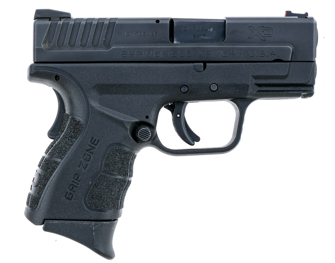 Springfield Armory XD-9 Sub-Compact 9mm Pistol: Description Springfield Armory Model XD-9 Sub-Compact Mod 2 in 9mm with one, ten round removable magazine and a 3.25" barrel. Textured black composite grip on frame. Blued trigger, serrated slide and 