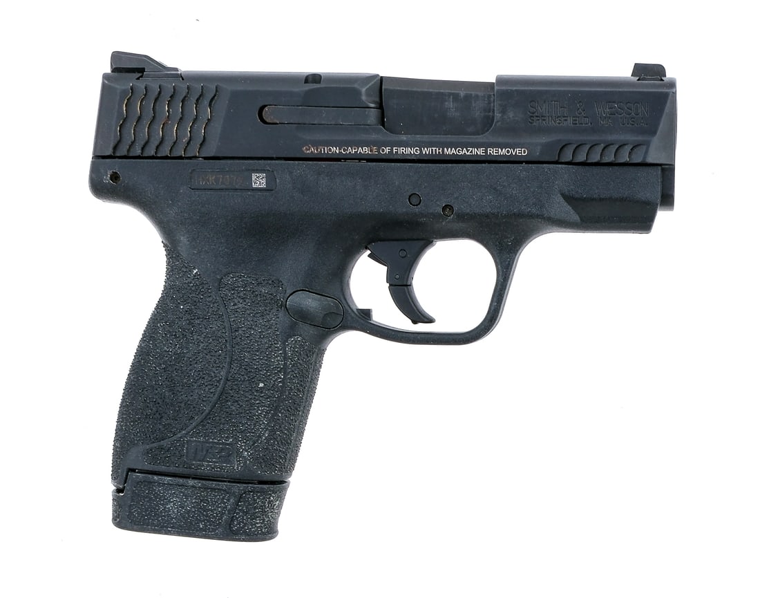 S&W M&P 45 Shield .45 ACP Semi Auto Pistol: Description Smith & Wesson Model M&P 45 Shield in .45 ACP with one, seven round removable magazine and a 3.25" barrel. Textured black composite grip on frame. Black composite trigger. Blued metal serr