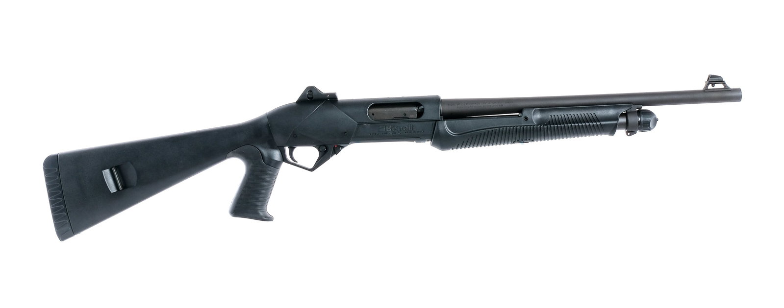 Benelli Super Nova 12Ga Pump Action Shotgun: Description Benelli Super Nova in 12 gauge 2 3/4"-3"-3 1/2" with a four round capacity and a 18.5" barrel. Made in Italy in 2018. Rubber butt pad. Black composite pistol grip stock and front forend. B