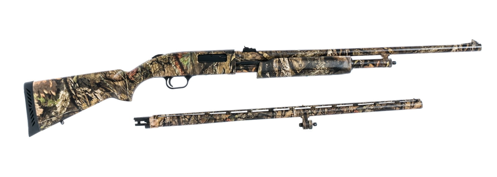 Mossberg 500 12Ga Pump Action Shotgun: Description Mossberg Model 500 in 12 gauge 2 3/4"-3" with a five round capacity and a 24" rifled barrel. Rubber butt pad. Mossyoak camo print on the entire gun. Composite stock, trigger guard and fron