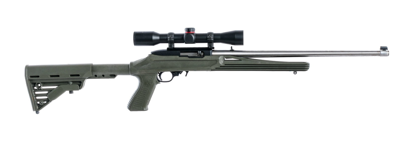 Ruger 10/22 .22 LR Semi Auto Rifle: Description Ruger 10/22 in .22 Long Rifle missing its removable magazine with a 18.5" barrel. Blackhawk Axion composite stock with retractable butt. Black composite trigger guard and trigger. Black fi