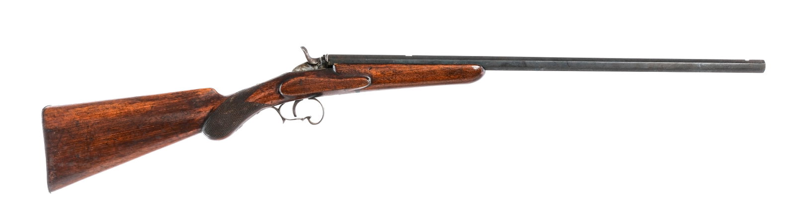 Belgian Flobert .22 Cal Single Shot Rifle: Description Belgian Flobert rifle chambered in .22 caliber with a single shot capacity and a 23 1/8" octagonal barrel. Blued barrel and trigger guard. Unfinished trigger, hammer, and block. Wood stock