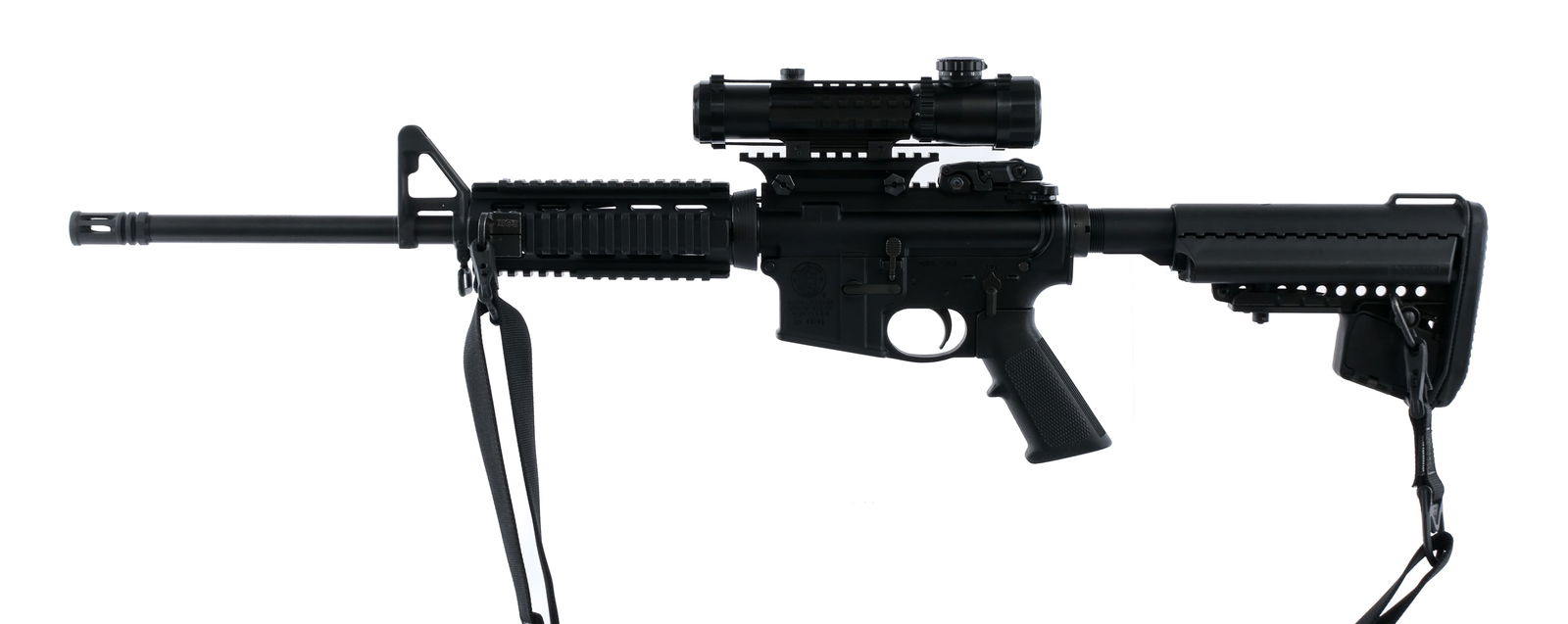 Smith & Wesson M&P-15 .223 Rem Semi Auto Rifle: Description Smith & Wesson M&P-15 chambered in 5.56x45mm/.223 Remington with a 18" 1/8 twist barrel, including the pinned and welded A2 birdcage style flash hider. A2 style front gas block with adjust
