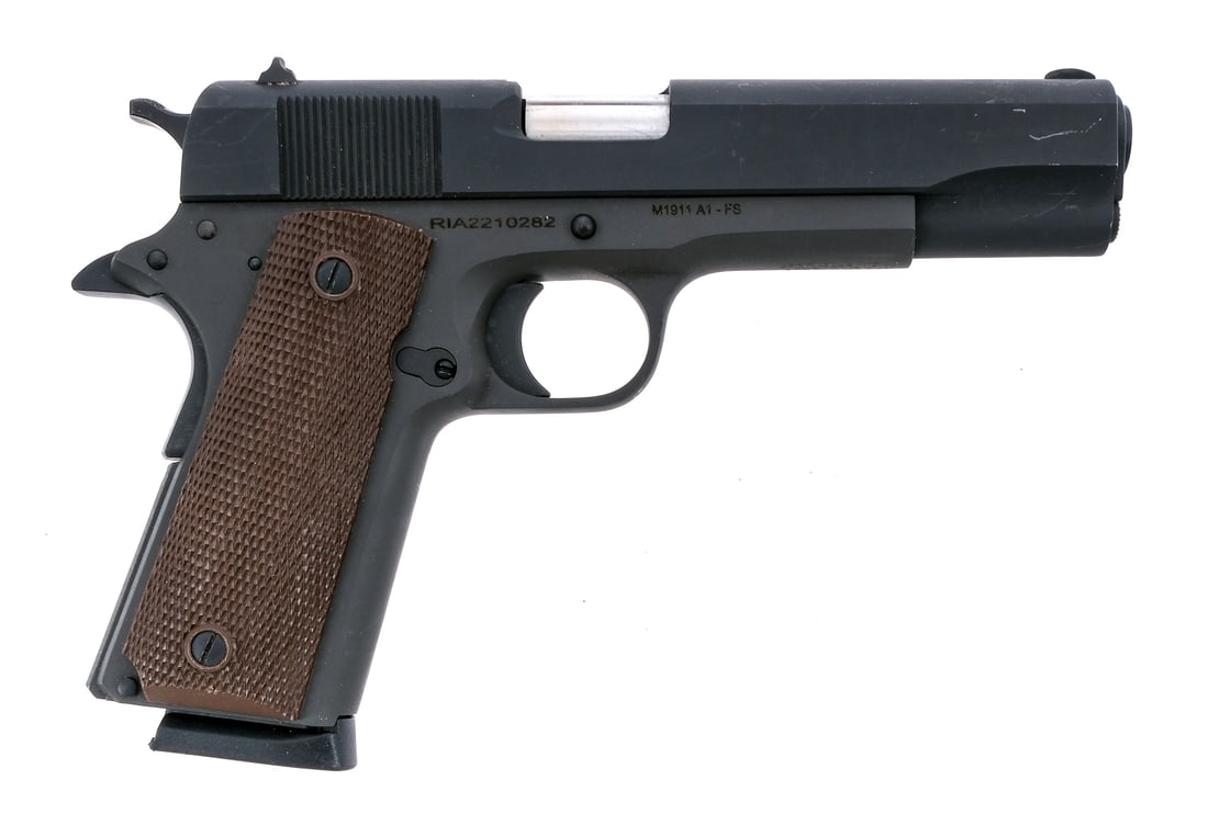 Rock Island Armory 1911 A1-FS Semi Auto Pistol: Description Rock Island Armory Model 1911 A1-FS ( Full Size ) in .45 ACP with one, eight round removable magazine and a 5" barrel. Checkered brown composite grip plates. Parkerized frame, serrated tri