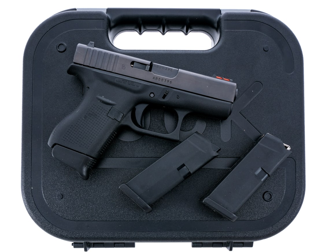 Glock 42 Gen 5 .380 ACP Semi Auto Pistol: Description Glock Model 42 Generation 5 in .380 ACP with three, six round removable magazines and a 3.25" barrel. Textured black composite grip on frame. Black composite trigger. Blued serrated slide 