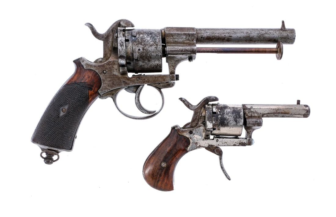 Belgian Pinfire 2Pcs Lot Revolver: Description Belgian Pinfire lot with two revolvers. Belgian Drop Trigger measuring at the bore .28" with a six round capacity and a 2.5" octagon barrel. Serial number 47. Smooth wood grip plates. Nick