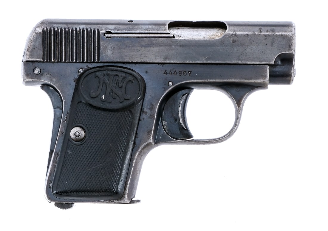 FN 1905/06 .25 ACP Semi Auto Pistol: Description FN Model 1905/06 in .25 ACP with one, six round removable magazine and a 2" barrel. Made in Belgium between 1920-1930. Checkered pressed horn grip plates. Blued frame, trigger and serrated