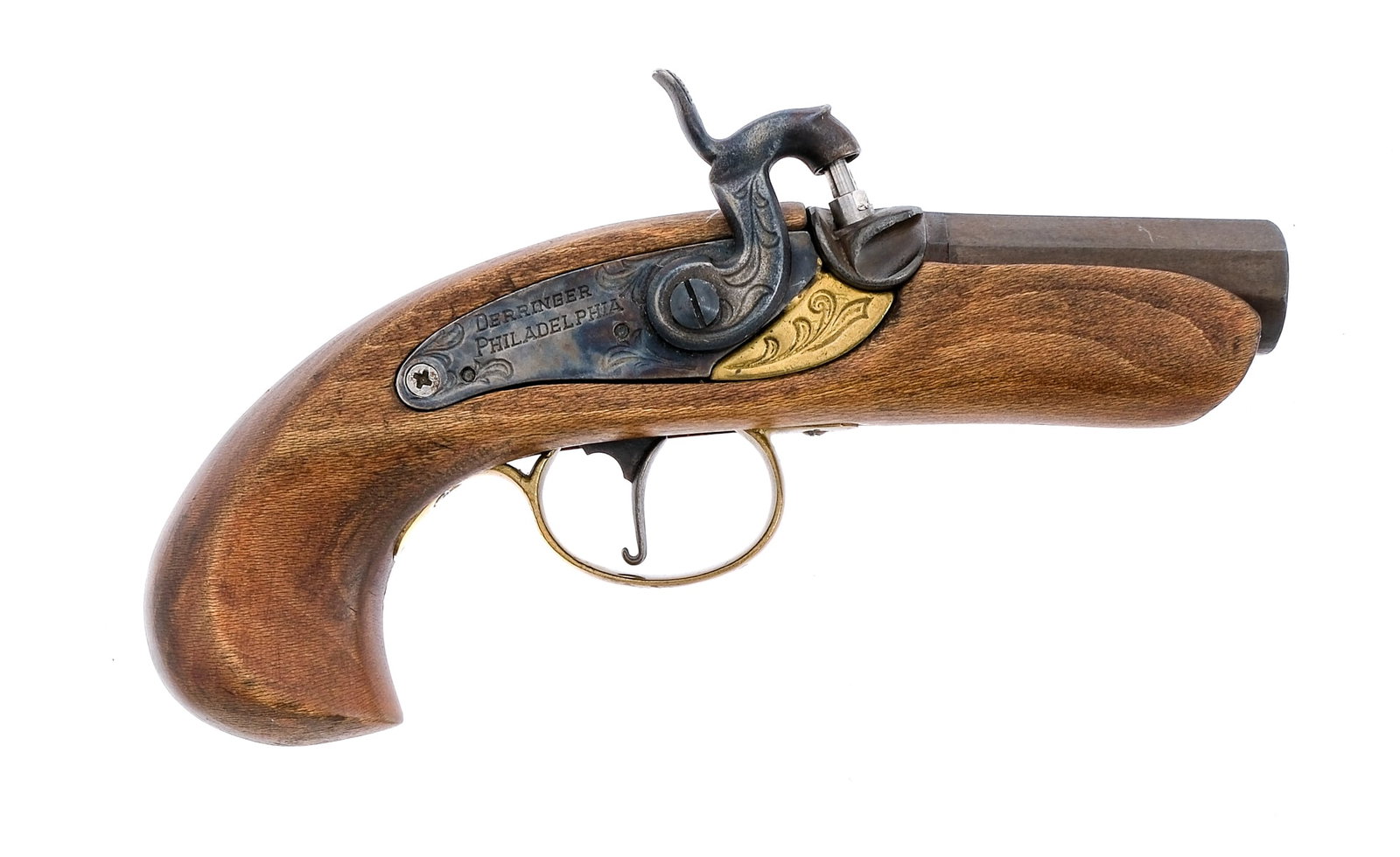 Philadelphia Derringer .45 Percussion Pistol: Description Spanish made Philadelphia Derringer in .45 caliber with a single round capacity and a 3" octagon barrel. Smooth wood frame and grip. Brass trigger guard. Case colored trigger, lock plate a