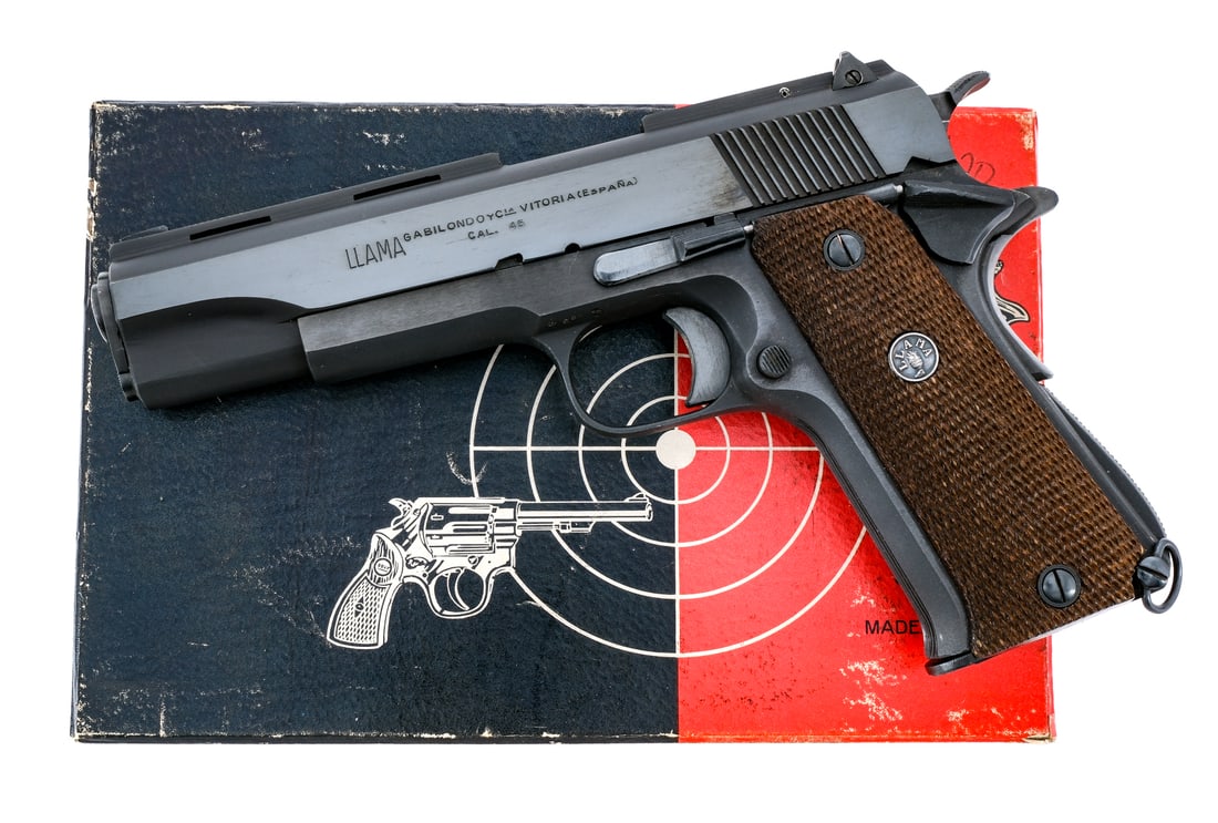 Llama VIII IX-A .45 ACP Semi Auto Pistol: Description Llama VIII IX-A in .45 ACP with one, seven round removable magazine and a 5" barrel. Made in Spain and import marked by Stoeger Industries S Hackensack NJ. Checkered wood grip plates. Blue